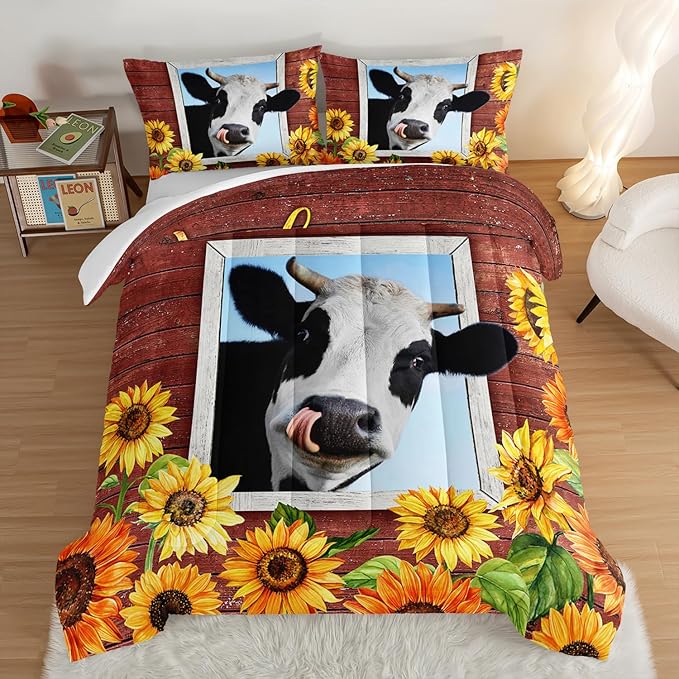 HOSIMA Farmhouse Animal Cow Comforter with 2 Pillowcases,Wooden Decor Terracotta Comforter Set Queen Size for Adults Teens,Cow Print Bedding Room Decor,Sunflower Comforter Set.
