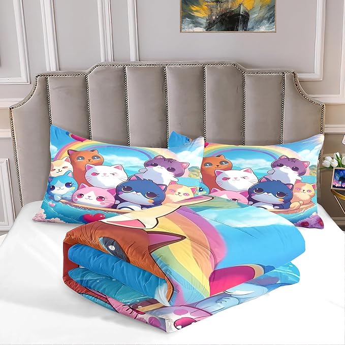 Cat Bedding Set Queen Size - Cute Girls Bedding Cat Comforter Set for Kids Teens Girls Cartoon Animal Print Cat Quilt Soft Breathable Kid Comforter Set, 1 Comforter 2 Pillowcase