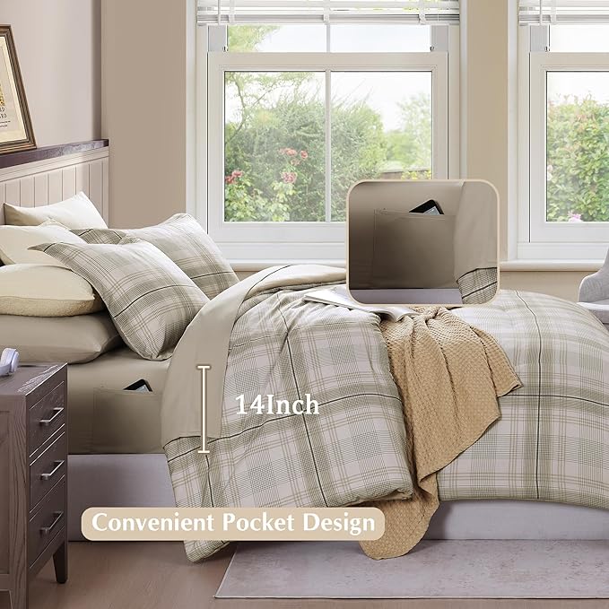 Beige King Size Comforter, Khaki Green Plaid King Comforter Set or Boys & Girls,Classic Homestead-style King Bedding Sets with King Size Bed Sheets and Comforter Sets