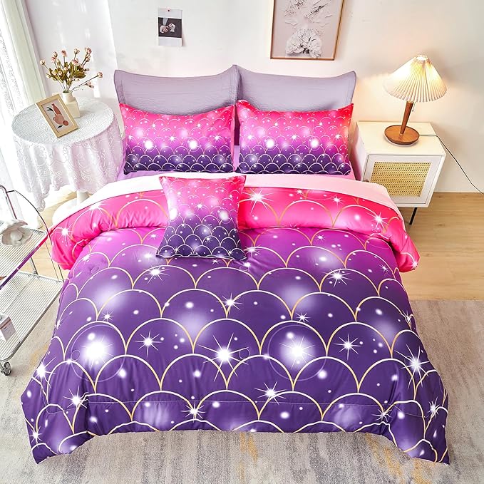 URBONUR Purple Glitter Comforter Set Full Size for Girls 6 Piece Bed in A Bag Comforter with Sheets Set, Gradient Pink Purple Sparkle Mermaid Fish Scales Bedding Comforter Set