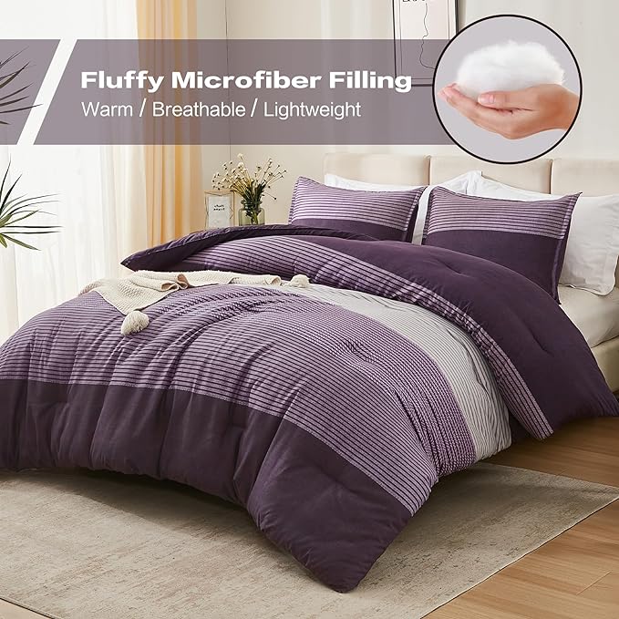 Litanika Purple Full Comforter Set, 3 Pieces Striped Bedding Set, Lightweight Soft All Season Down Alternative Comforter Set with Corner Loops (1 Gray&Purple Comforter, 2 Pillowcases)