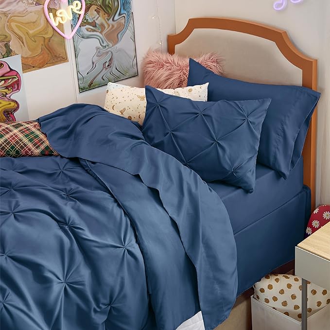 Bedsure Twin XL Comforter Set for Boys - Extra Long 5 Pieces Dorm Bedding Sets, Pinch Pleat Navy Blue Bed in a Bag with Comforter, Sheets, Pillowcase & Sham