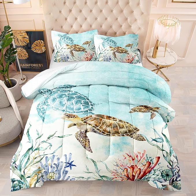 CVHOUSE Sea Turtle Comforter Sets King for Ocean Lovers,Turtle Beach Bedding Sets King Set,Turtle Bedspread,Turtle Duvet,Turtle Bed Set,Turtle Quilt Set 3 Pcs 1 Comforter and 2 Pillowcases
