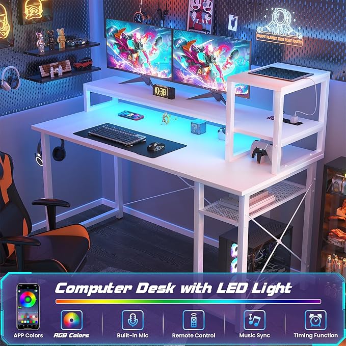 Gaming Desk with Lights & Power Outlets, 39.4' Computer Desk with Shelves, Small Desk for Small Space, Writing Desk with Monitor Stand, White