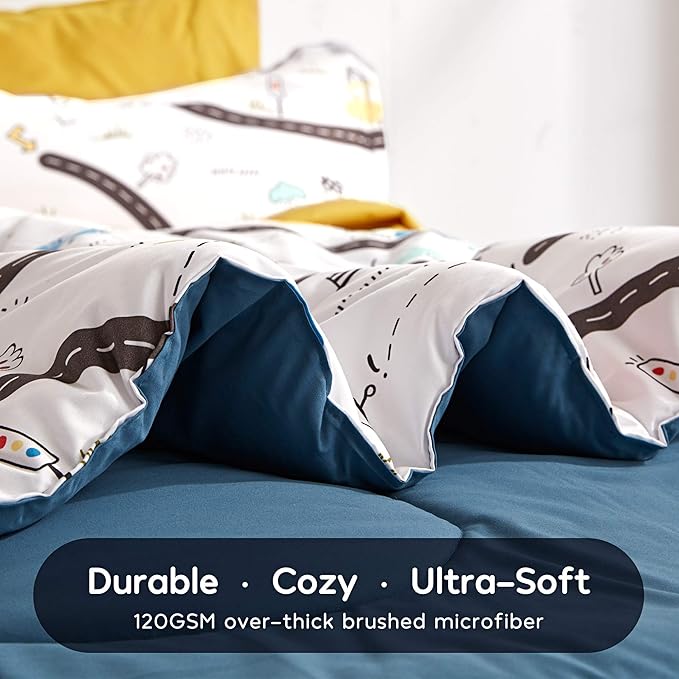 SLEEP ZONE Kids Twin Bedding Comforter Set - Super Cute & Soft Kids Bedding 5 Pieces Set with Comforter, Sheet, Pillowcase & Sham (Car Road)