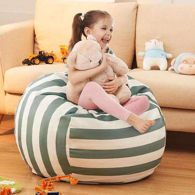 EXQ Home Kids Bean Bag Chairs Cover -Stuffed Animal Bean Bag Storage Green and White Stripes-Zipper Bean Bag for Organizing Children Plush Toys Holiday Gift for Girl,Boys (XL)