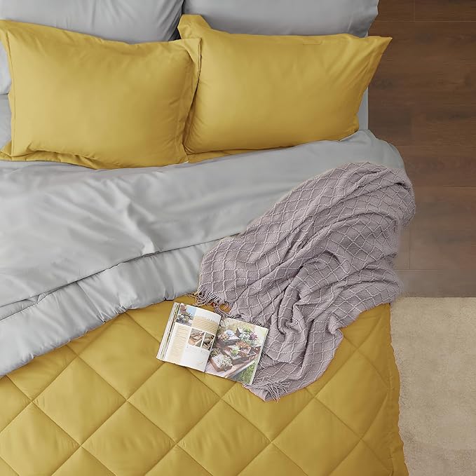 Bedsure Mustard Yellow Full Size Comforter Set - 7 Pieces Reversible Full Bed in a Bag, Full Bed Set Mustard Yellow and Grey with Comforters, Sheets, Pillowcases & Shams