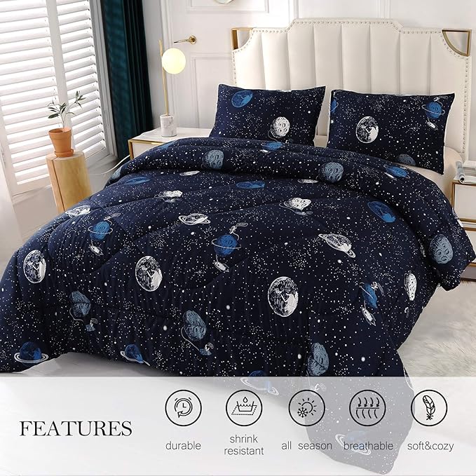 ENJOHOS Comforter for Queen Size Bed, Blue Queen Comforter Set with Galaxy Space Design, Lightweight Soft Microfiber Comforter with 2 Pillow Cases for All Season