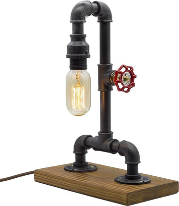 Loft Style Lamp with Dimmer, Dimmable Steampunk Industrial Vintage Antique Light, Wood Base with Iron Piping Desk Lamp, Y-Nut “Zhang Fei” Retro Desk Lamp LL-021