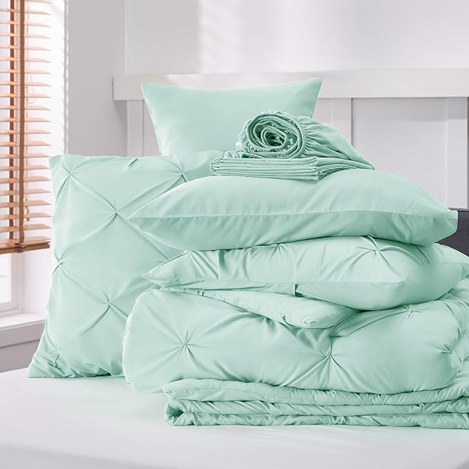 Bedsure Twin XL Comforter Set - Extra Long 5 Pieces Dorm Room Essentials, Pinch Pleat Mint Green Bed in a Bag with Comforter, Sheets, Pillowcase & Sham, Kids Bedding Set