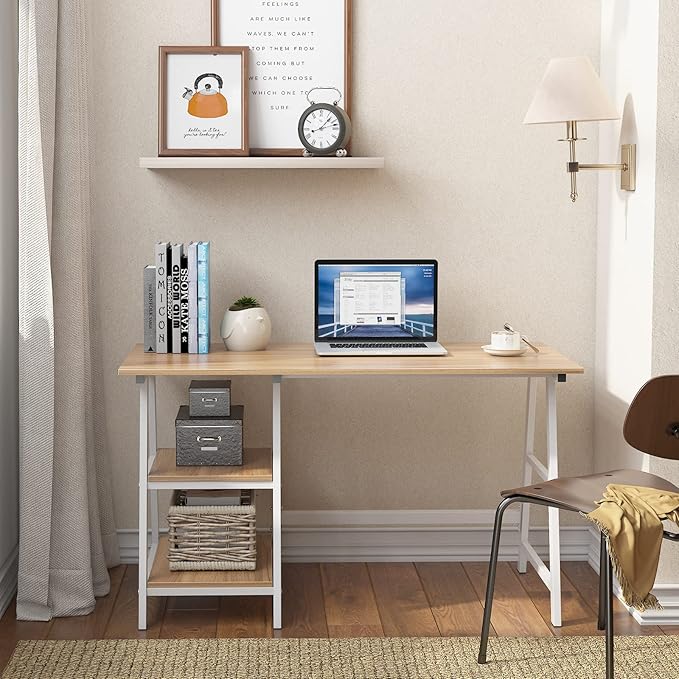 SogesHome Computer Desk 47inches Trestle Desk PC Desk with Shelf Office Desk Workstation for Home Office Use Writing Table, Oak, Tplus-120OK-SH