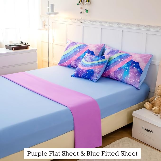 Tie Dye Blue Teens Comforter Set Queen for Girls, 3D Rainbow Gradient Glitter Bed in A Bag, 6 Pieces Twinkle Nebula Comforter Kids Bedding Set for All Season