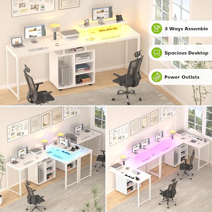 Cyclysio L Shaped Gaming Desk with Wood Cabinet, 58" Large Corner Desk with LED Lights & Power Outlet, Reversible Computer Desk with Monitor Stand, Home Office Desk 2 Person Corner Desk, White