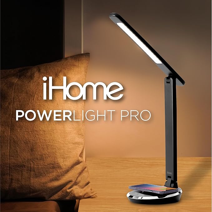 iHome Desk Lamp with Charging Station, Reading Light with Wireless Charging and USB Charging – Black (ILW200B)