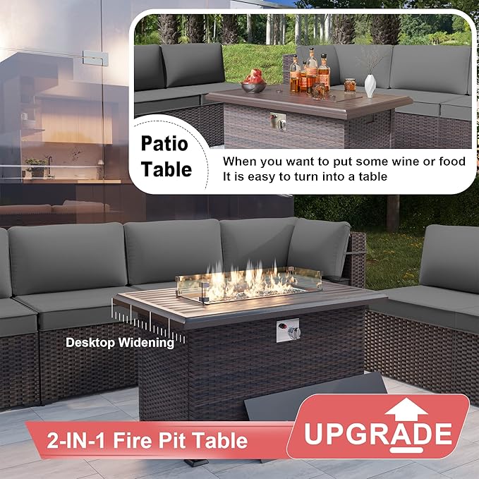 Patio Furniture Sectional Sofa Set 10-Pieces PE Rattan Swivel Rocking Chairs Outdoor Furniture Set w/43in Gas Fire Pit Table, Patio Conversation with 55000 BTU Propane Fire Pit, Grey