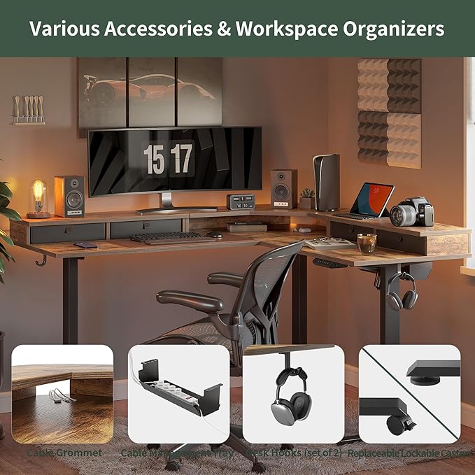 FEZIBO 63" L Shaped Standing Desk with 4 Drawers, Electric Standing Gaming Desk Adjustable Height, Corner Stand up Desk with Splice Board, Black Frame/Rustic Brown Top
