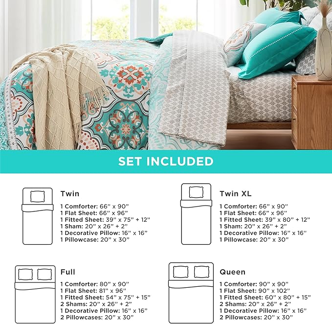 Degrees of Comfort Boho Bed in a Bag Queen Size, Lattice 8 Piece Complete Comforter Set with Sheet for Teenage Girl, Microfiber Teal Bedding Set with Side Pockets, Matching Decorative Pillow, Aqua
