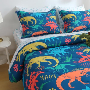 Wajade Boys Dinosaur Comforter Set Bed in A Bag Queen Size 7 Piece 3D Blue Dinosaur Print Bedding Set for Kids Teens(1 Comforter, 1 Flat Sheet, 1 Fitted Sheet, 2 Pillowcase and 2 Pillow Sham)