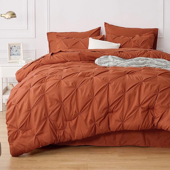 Bedsure Cal King Size Comforter Sets - 7 Pieces Pintuck California Bed Set, Orange in a Bag with Comforter, Sheets, Pillowcases & Shams