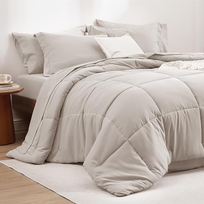 Bedsure Beige King Size Comforter Set - 7 Pieces Solid King Bed in a Bag, King Bed Set Beige with Comforters, Sheets, Pillowcases & Shams