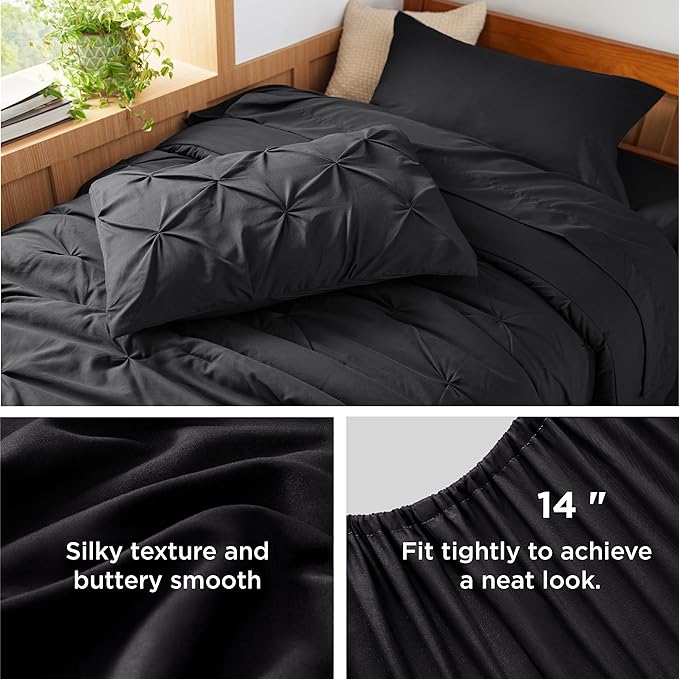 Bedsure Twin XL Comforter Set - Extra Long 5 Pieces Dorm Bedding Sets, Black Bed in a Bag with Comforters, Sheets & Skirt, Pillowcase & Sham