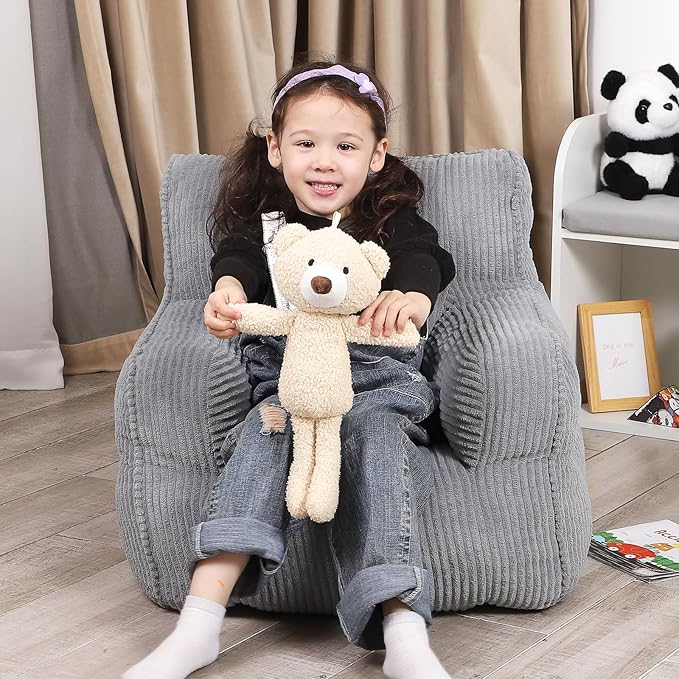 Kids Bean Bag Chair with a Plush Bear, Comfy Toddler Chair for Boys and Girls, Grey