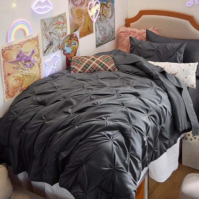 Bedsure Twin XL Comforter Set for Boys - Extra Long 5 Pieces Dorm Bedding Sets, Pinch Pleat Dark Grey Bed in a Bag with Comforter, Sheets, Pillowcase & Sham
