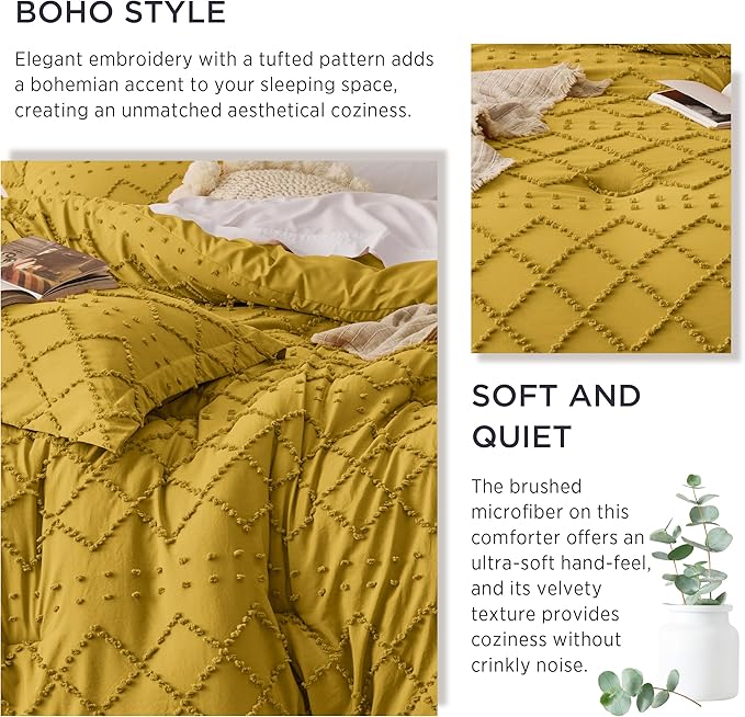 Bedsure Queen Comforter Set - Mustard Yellow Comforter, Boho Tufted Shabby Chic Bedding Comforter Set, 3 Pieces Vintage Farmhouse Bed Set for All Seasons, Fluffy Bedding Set with 2 Pillow Shams