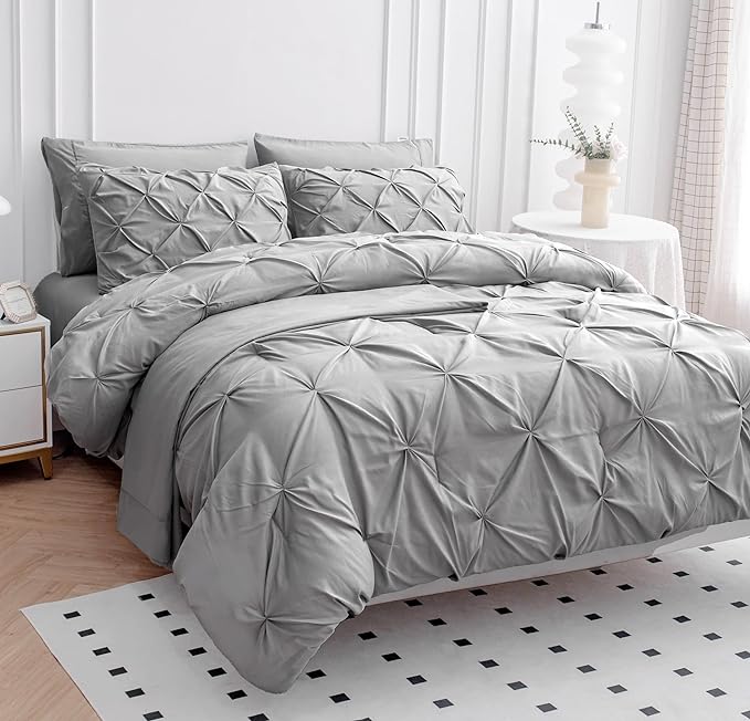 LANE LINEN Twin XL Comforter Set, 5 Piece Twin XL Bedding Set, Pintuck Twin XL Bed in a Bag, Twin XL Bed Set, Twin XL Bed Comforter Set with Sheets, Pillowcase & Sham, Bedding Comforter Sets - Silver