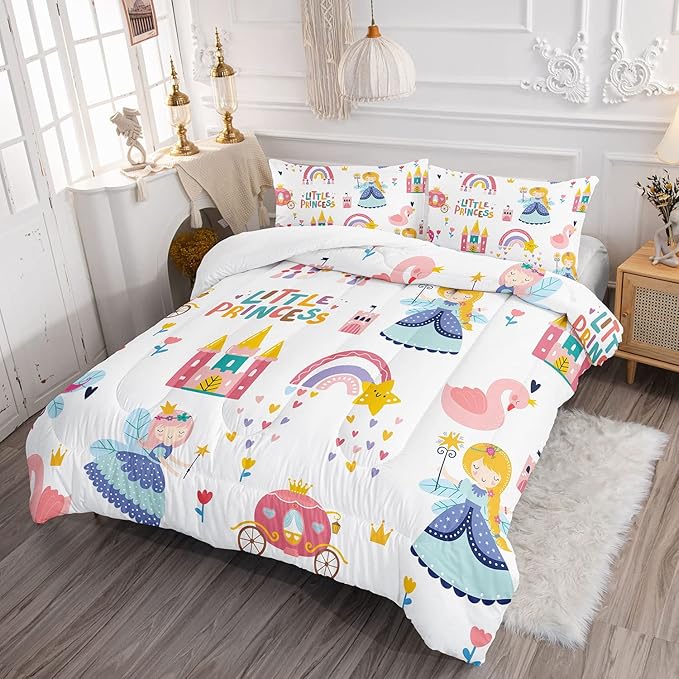 Datura home Girls Bedding Comforter Set Little Princess and Rainbow Castle Printed Pattern Quilt Bedding Set with 1 Comforter and 2 Pillowcases for Girls Bedroom All Season(Princess Full)80x90in