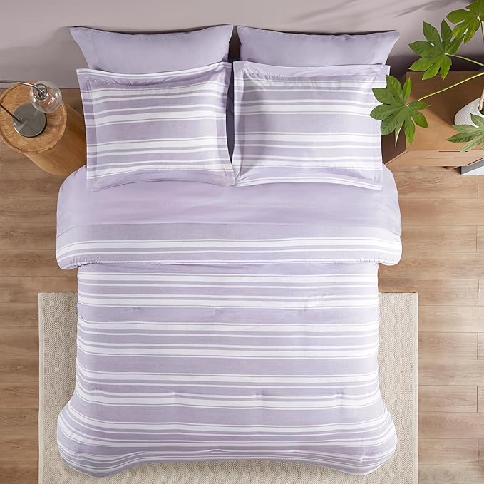 Codi Bed in a Bag Twin Size Complete Set, Lavender Purple Striped Single Comforter Set 5 Piece for Teen, Modern Neutral Cationic Dyeing Bed Sets with Comforter, Sheets, Pillowcases & Shams