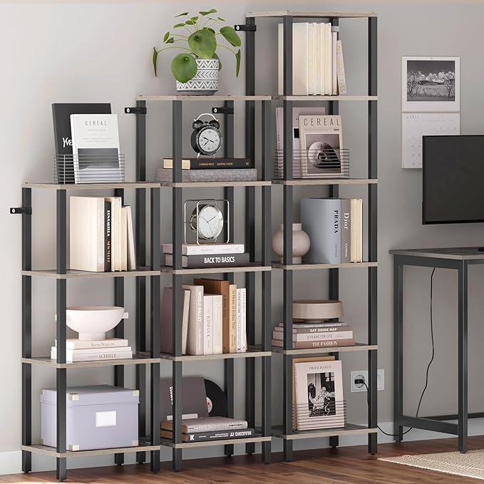 TUTOTAK Bookshelf, 5-Tier Tall Book Shelf, Narrow Bookcase for Small Space, DIY Stackable Bookshelf, for Living Room, Office, Study, Entryway, Industrial, Greige and Black BS01BG005