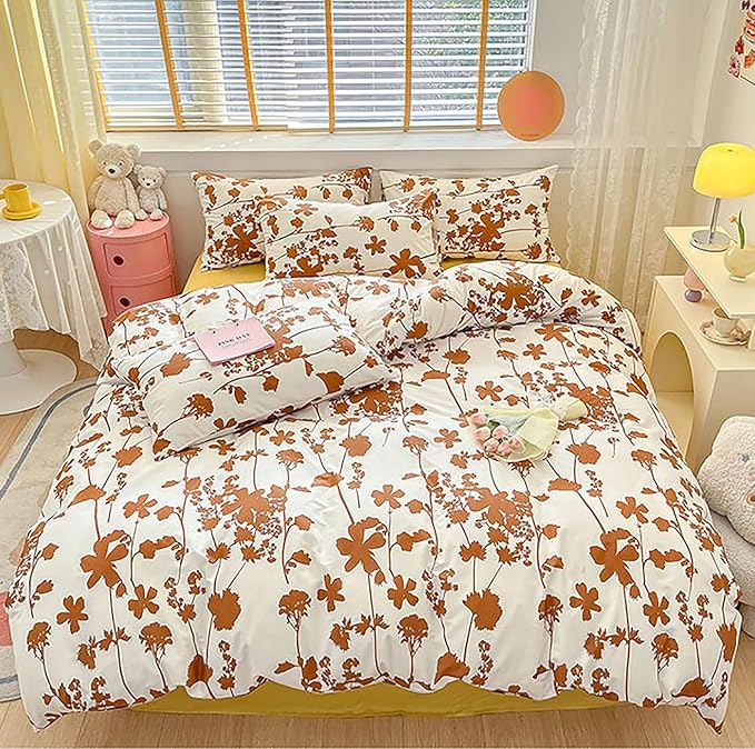 Botanical Comforter Set King White and Pumpkin Floral Plant Bedding Comforter Set Girls Garden Pattern Printed on White Blanket Rustic Leaf Blossom Women White Farmhouse Comforter King