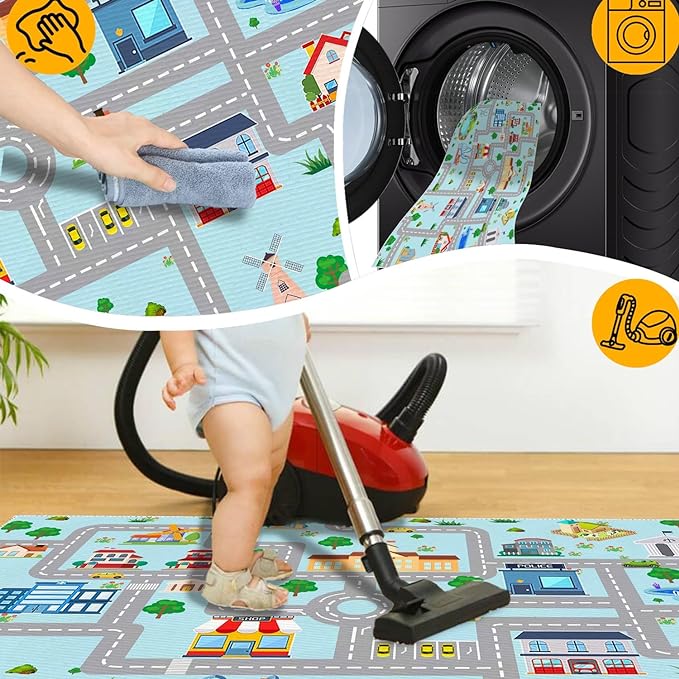 Kids Car Rug, 3' 3" x 5' 3" City Life Traffic Road Playmat for Toy Cars Trains, Non-Slip Race Track Carpet Educational Fun Area Rugs for Boy and Girl Bedroom Nursery