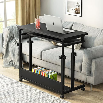 Tribesigns Portable Desk for Sofa and Bed, Height Adjustable Mobile Laptop Table Small Standing Desk Rolling Computer Cart with Keyboard Tray on Wheels for Home Office (Black)