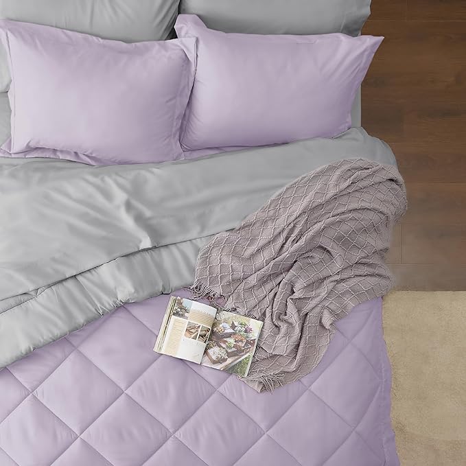 Bedsure Light Purple Queen Comforter Set - 7 Pieces Reversible Queen Bed in a Bag, Queen Bed Set Light Purple and Grey with Comforters, Sheets, Pillowcases & Shams
