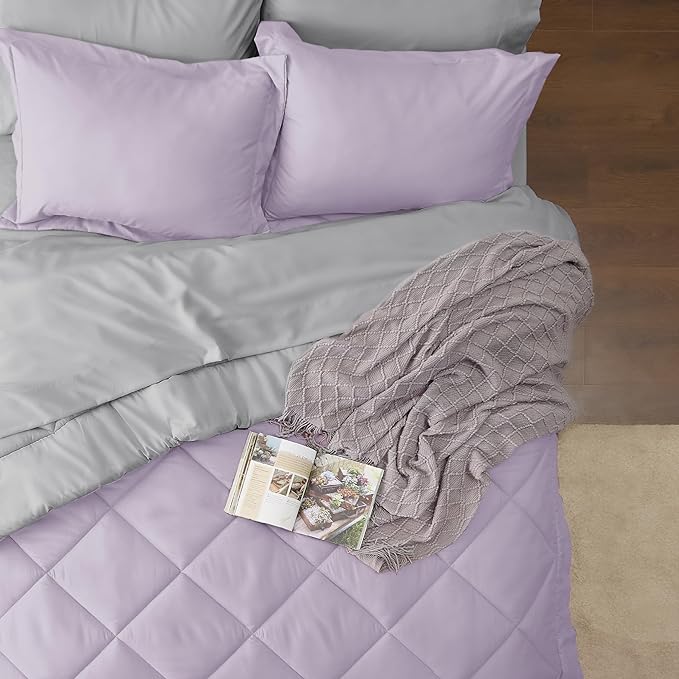 Bedsure Light Purple California King Size Comforter Set - 7 Pieces Reversible California King Bed in a Bag, Cal King Light Purple and Grey Bed Set with Comforters, Sheets, Pillowcases & Shams