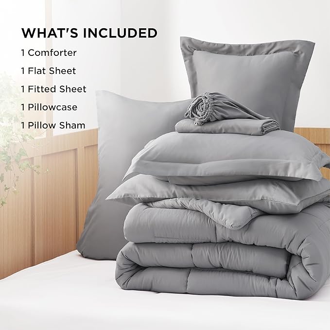 Bedsure Twin Comforter Set - 5 Pieces Solid Twin Bed in a Bag, Twin Bed Set Grey with Quilted Warm Fluffy Comforters, Sheets, Pillowcase & Sham