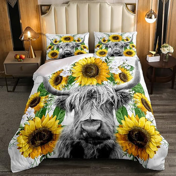 Highland Cow Comforter Set Twin Sunflowers Art Down Comforter Rustic Bull Cattle Bedding Set For Kids Boys Girls Adult Farmhouse Western Funny Animal Wild Theme Duvet Set Grey Marble Comforter