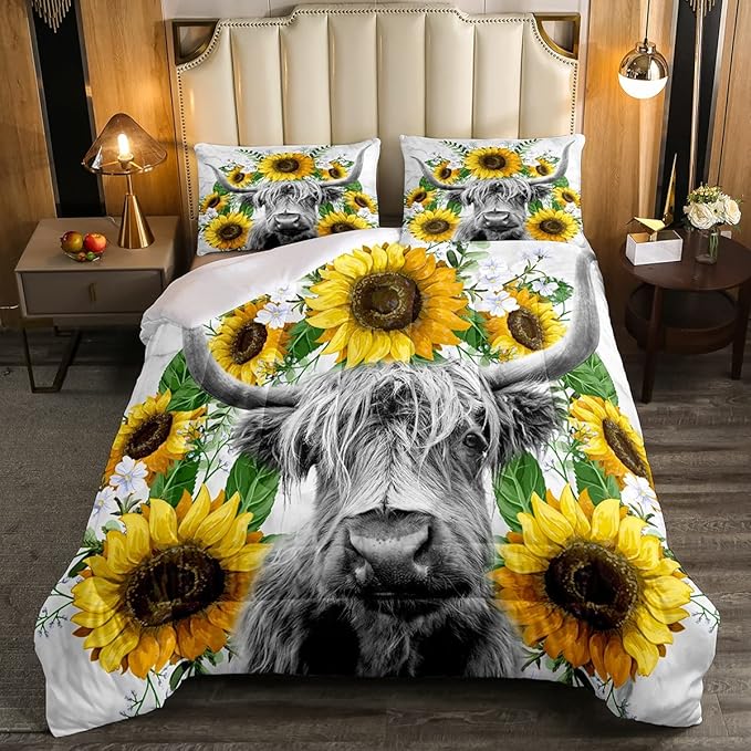 Highland Cow Comforter Set Twin Sunflowers Art Down Comforter Rustic Bull Cattle Bedding Set For Kids Boys Girls Adult Farmhouse Western Funny Animal Wild Theme Duvet Set Grey Marble Comforter