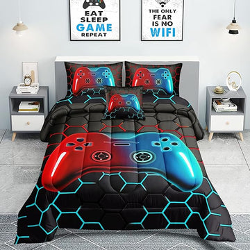 6 Pieces Bed in A Bag Gamer Bedding Set for Boys Kids Adult Gaming Comforters Set,Boys Bed in A Bag Set Full Size Comforter with Fitted Sheet Flat Sheet Pillowcase pillowsham,DJTH5028Full