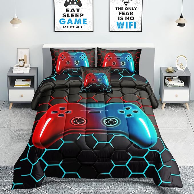 6 Pieces Bed in A Bag Gamer Bedding Set for Boys Kids Adult Gaming Comforters Set,Boys Bed in A Bag Set Full Size Comforter with Fitted Sheet Flat Sheet Pillowcase pillowsham,DJTH5028Full