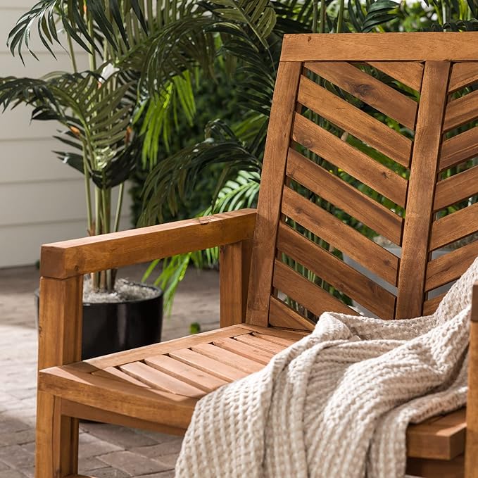 Walker Edison 2 Piece Outdoor Patio Chevron Wood Chair Set All Weather Backyard Conversation Garden Poolside Balcony, Set of 2, Brown