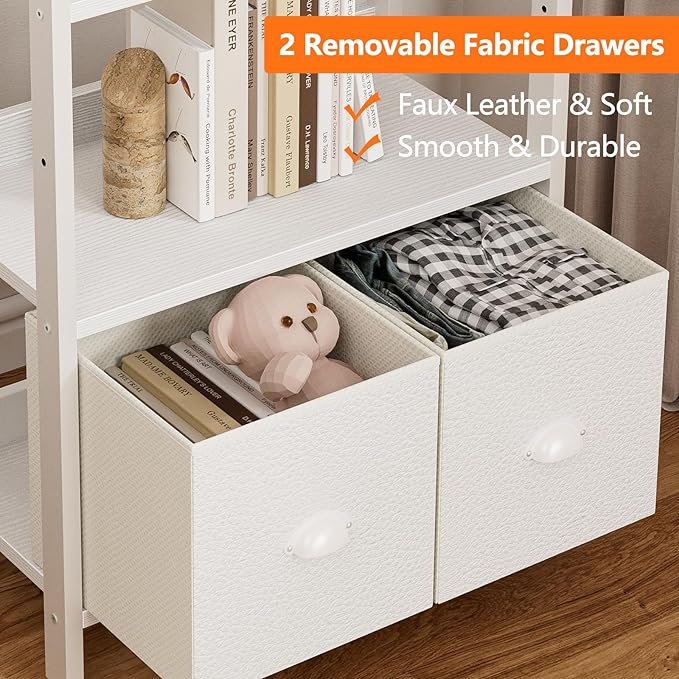Furologee White 6 Tier Bookshelf with Drawers, Tall 71" Bookcase with Shelves, Modern Wood and Metal Book Shelf Storage Organizer, Display Free Standing Shelf Unit for Bedroom, Living Room, Office