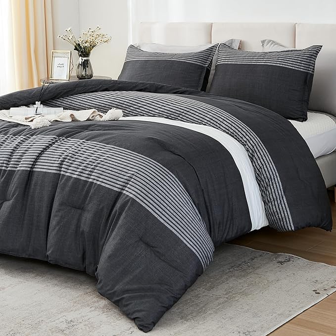Litanika King Bed Comforter Set Black White Grey - 3 Pieces Lightweight Bedding Set, All Season Down Alternative Comforter (1 Comforter, 2 Pillowcases)
