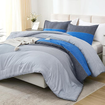 Litanika Bed Comforter King Set Grey Blue, Striped Bedding Comforter Set, 3 Pieces Lightweight Soft All Season Down Alternative Comforter (1 Comforter, 2 Pillowcases)