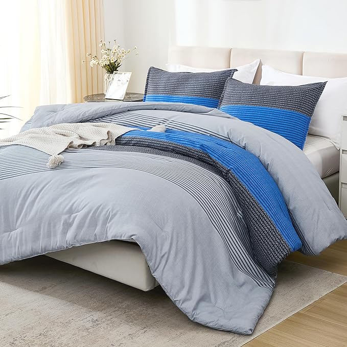Litanika Bed Comforter Queen Set Grey Blue, Striped Bedding Comforter Set, 3 Pieces Lightweight Soft All Season Down Alternative Comforter (1 Comforter, 2 Pillowcases)