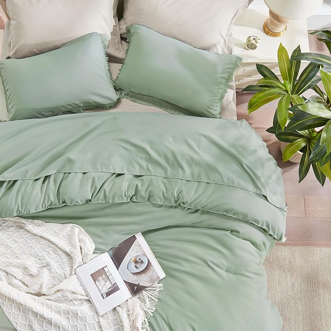 Andency Twin Comforter Set Sage Green, 2 Pieces Kids Comforter Sets for Boys Girls Teens, Boho Tassel Lightweight Winter Fluffy Bed Set (66x90In Comforter & 1 Pillowcase)