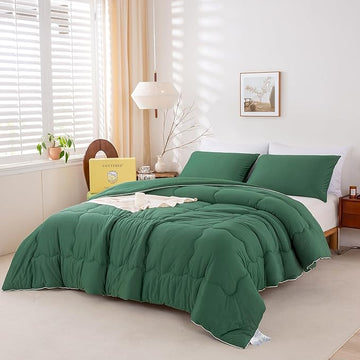COTTEBED Forest Green Comforter Queen Size, Jersey Knit Cotton T-Shirt Feel Ultra-Soft Cute Cozy Lightweight Bedding Blanket Quilt Down Set & Pillowcase All Season Use Emerald Hunter Green,Full/Queen