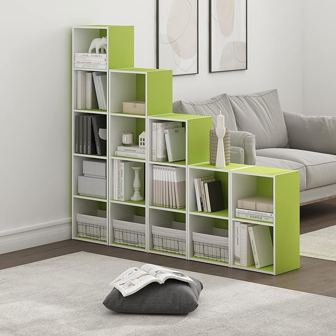 Furinno Luder Bookcase / Book / Storage, 4-Tier Cube, Green/White